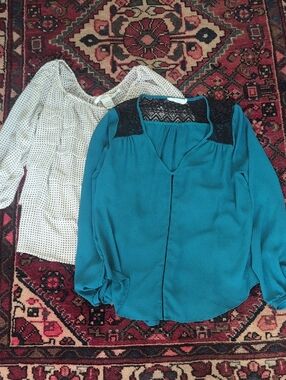 Lush Teal V-Neck Blouse with Black Lace & Polka Dot Flowy Blouse